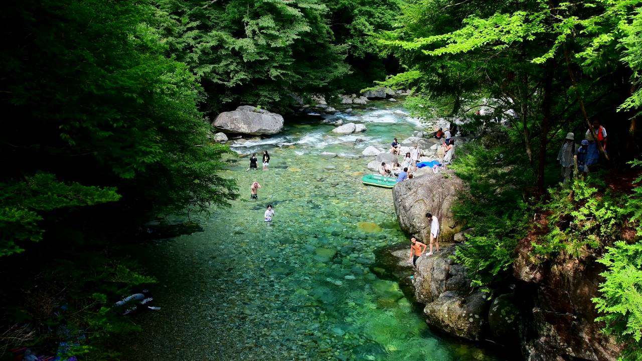エメラルドグリーンに染まる夏の阿寺渓谷・4K撮影