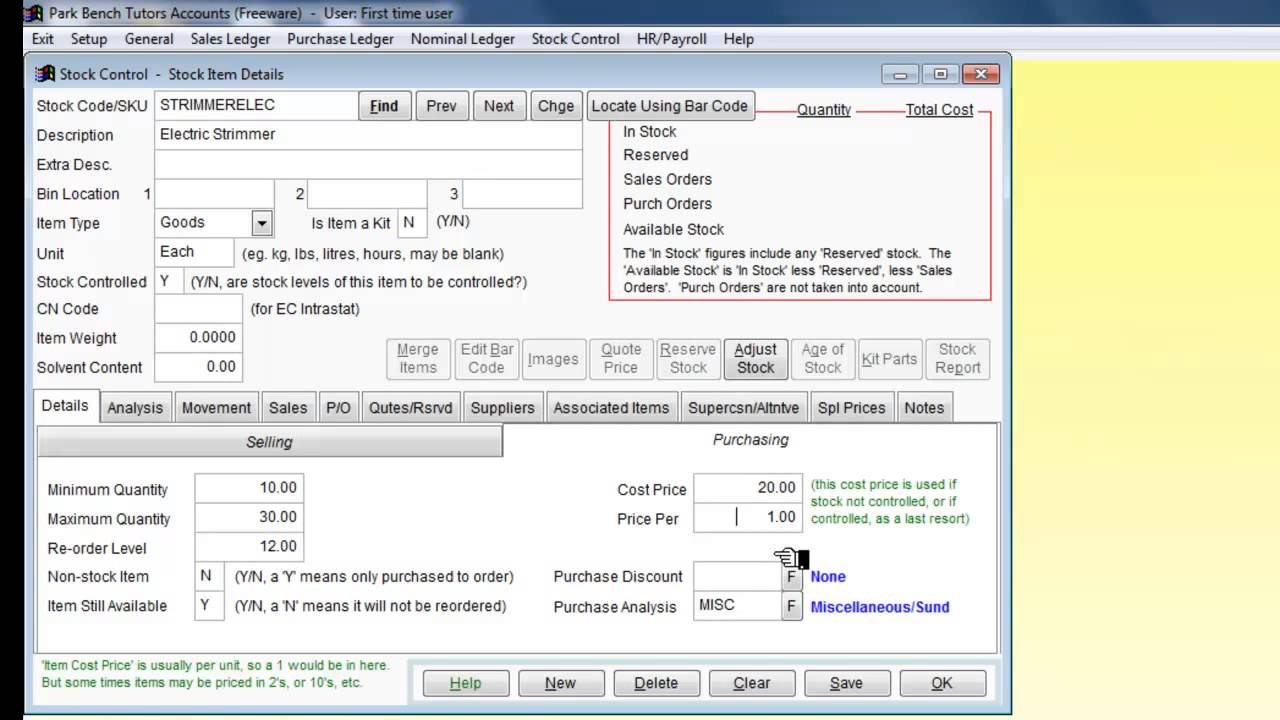 Adminsoft Accounts Add a stock item