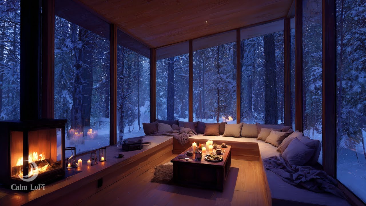 Snowy Night Fireplace Ambience 🌙 – Cozy Cabin for Deep Sleep／雪の夜の暖炉アンビエンス 🌙｜静かなキャビンで深い眠り