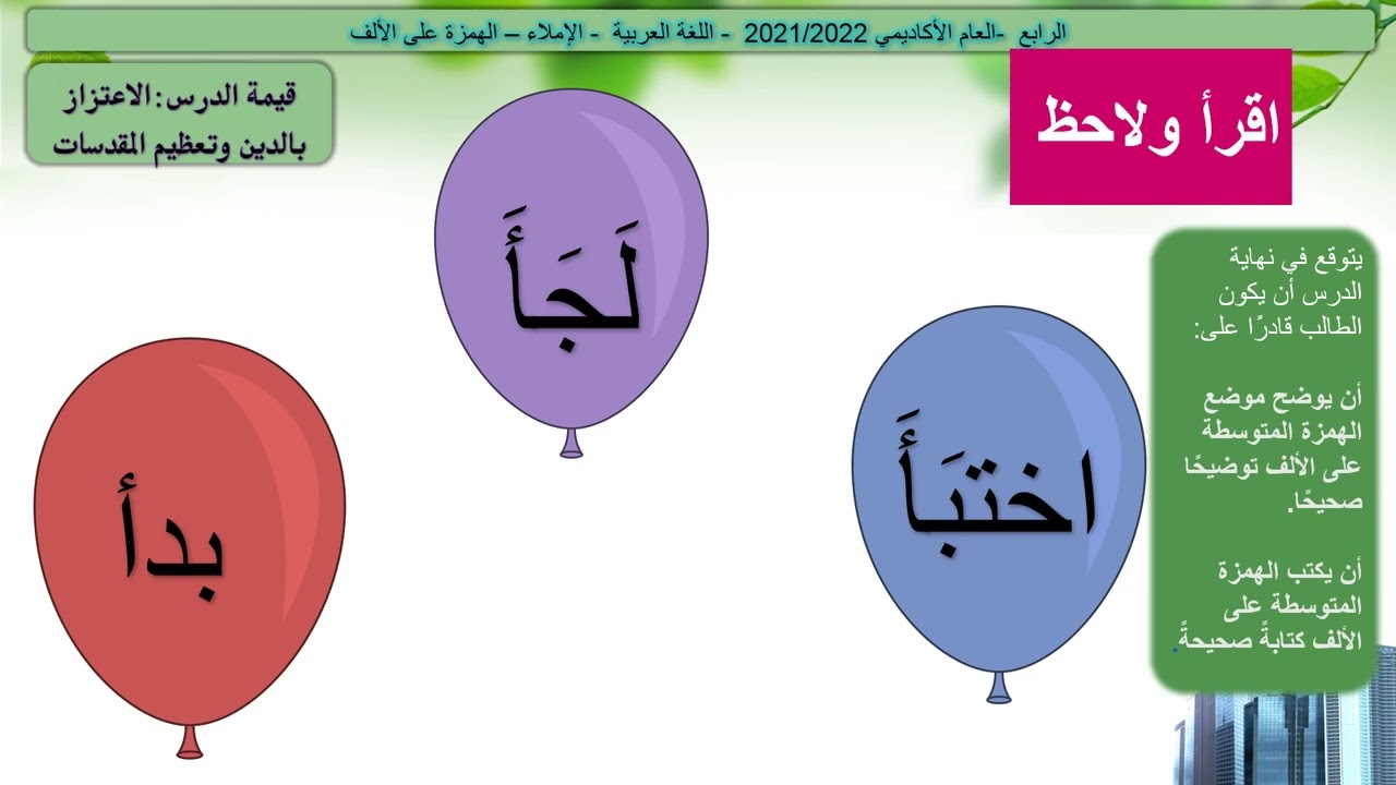 الهمزة على ألف للصف الرابع الابتدائي