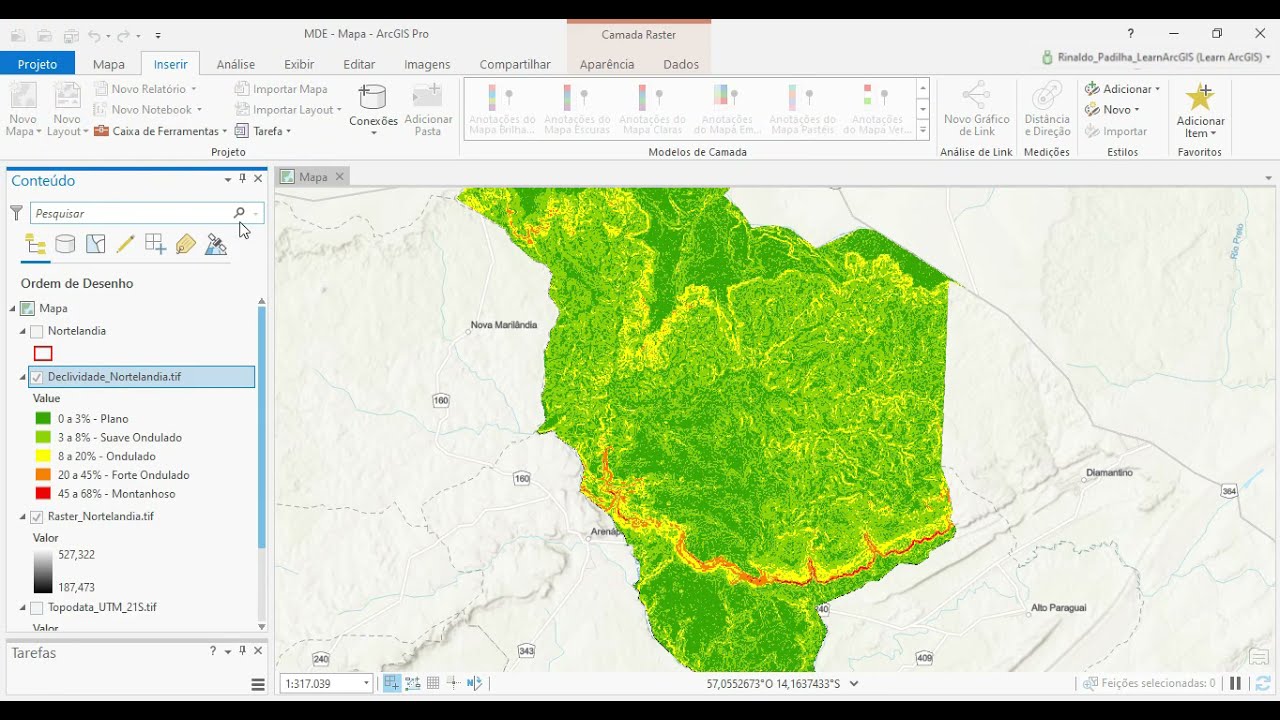 Como produzir um mapa de declividade do terreno com o ArcGis Pro em Português. ArcGis para iniciante