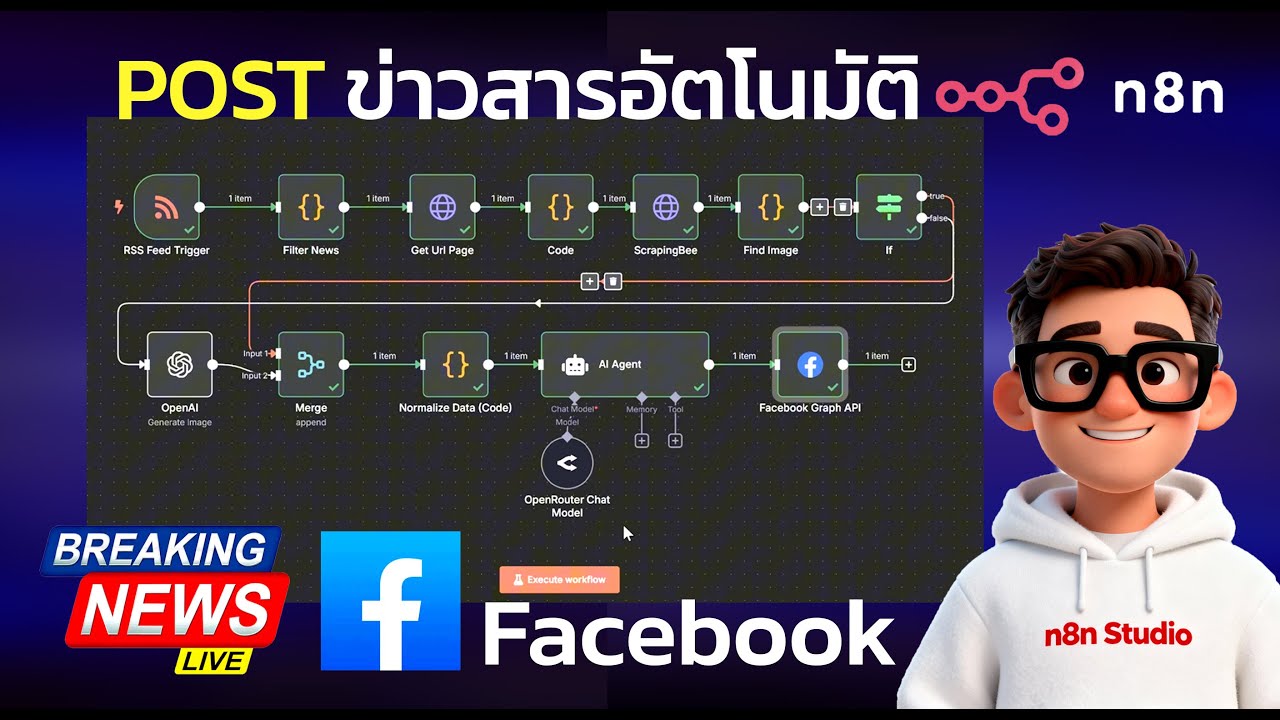 Post ข่าวสารลง Facebook อัตโนมัติ ด้วย N8N ดูจบ...ทำได้แน่นอน 100% #n8n #n8nworkflow #n8ntutorial