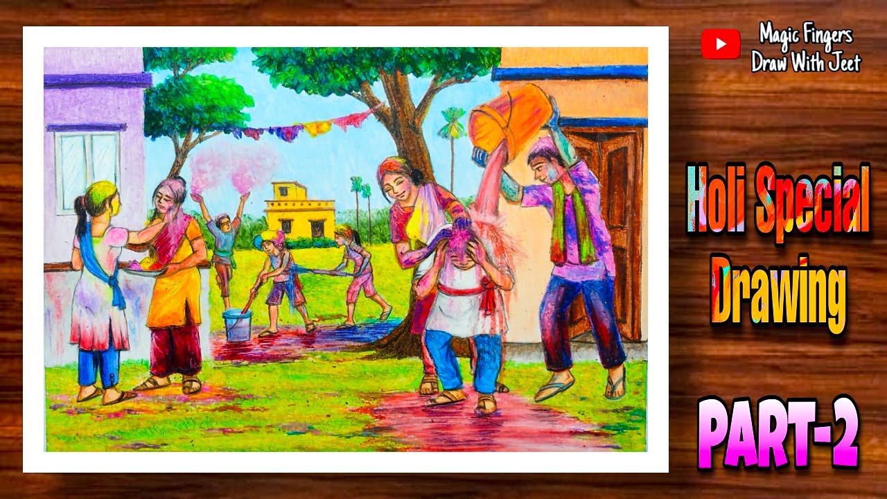 Holi Drawing | Holi Festival Drawing | Holi Scenery Drawing | Vasant Utsav Drawing | Oil Pastels