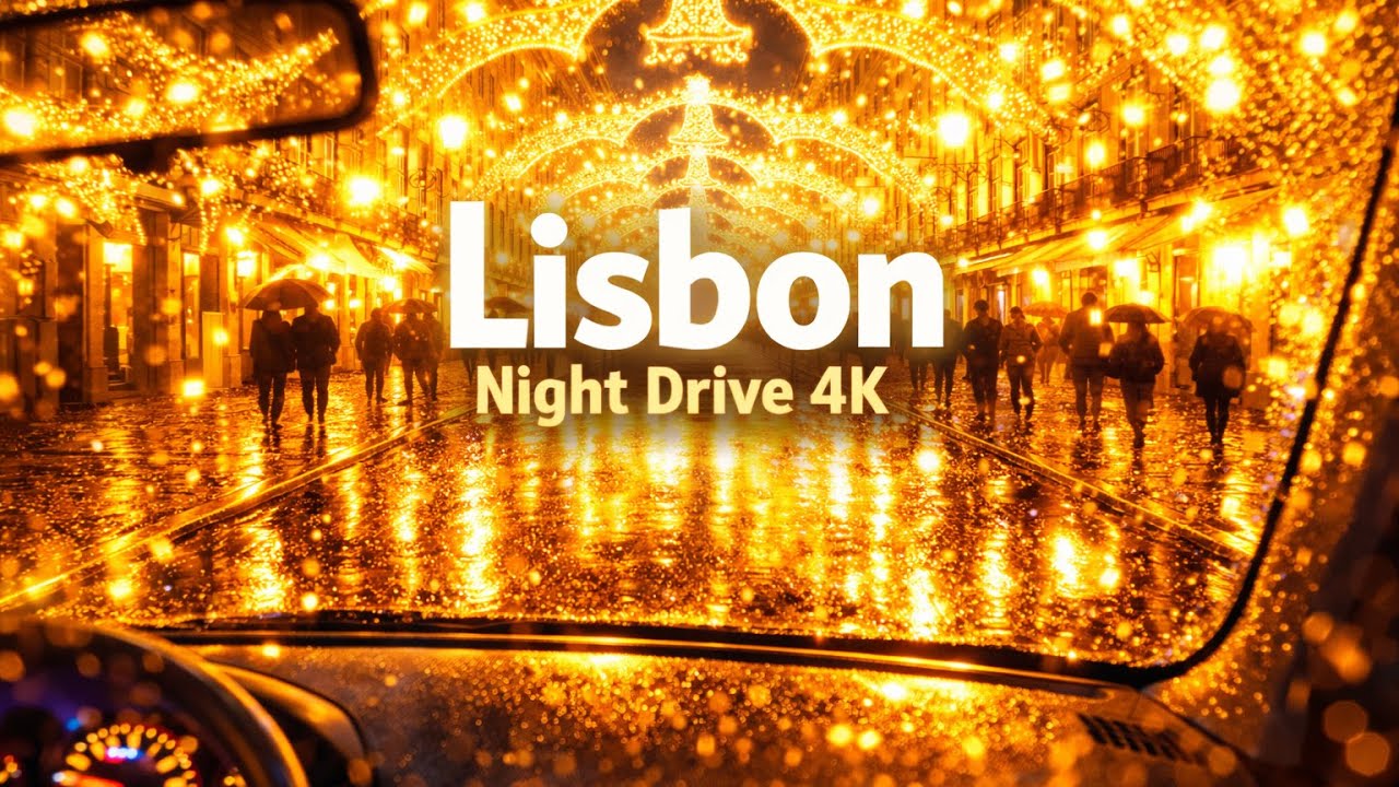 Lisbon Night Drive 4K – Winter City Calm, Tourists & Soft Streetlight Glow