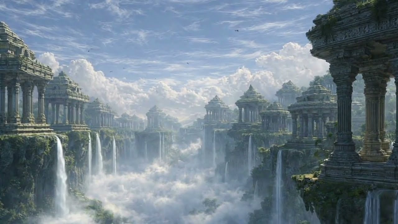 🌫️ Mystic Temple Waterfalls Ambience ☁️ | Floating Temples in the Clouds for Relaxation & Focus 💧