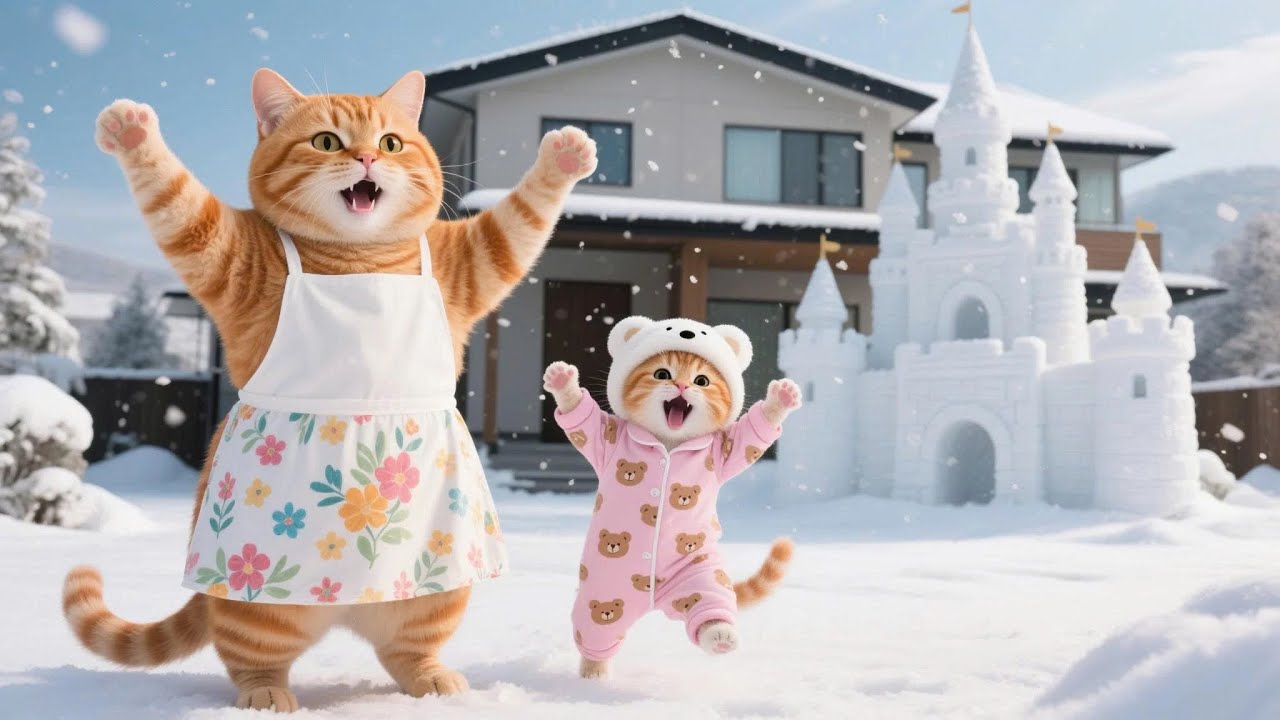 Ginger Kitten Builds a Snow Castle, Mama Cat Helps Create a Masterpiece ❄️🐱🏰 | Funny Cat Videos
