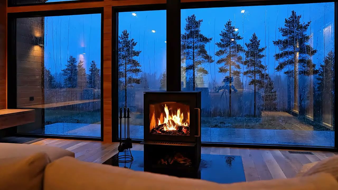🔥Warm Fireplace Glow & Heavy Rain 4K | Modern Forest Cabin 🏡 10 Hour ASMR