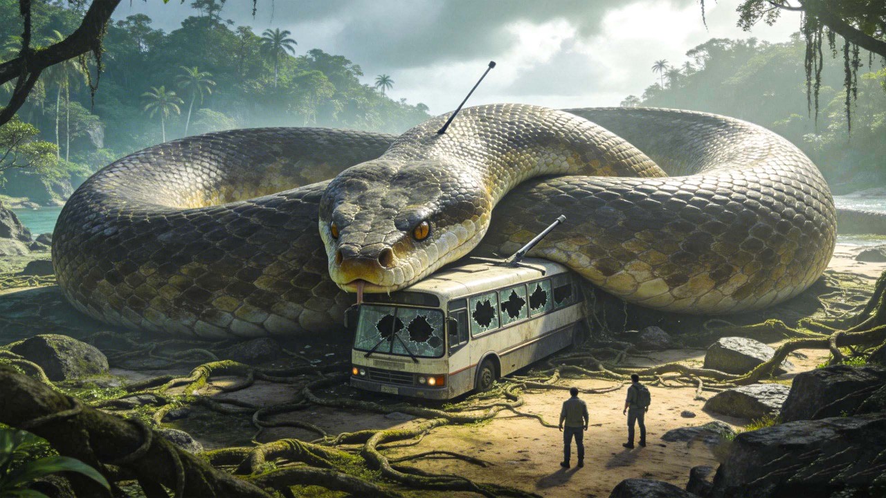 A bus was tightly coiled around a giant snake as it entered a deserted island!【大蛇3龙蛇之战 Snake3】