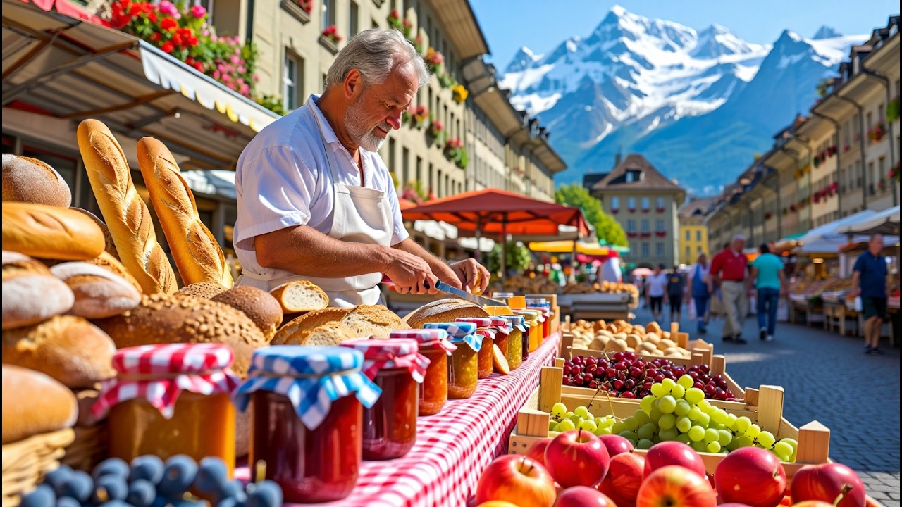 TRADITIONAL SWISS ORGANIC FARMERS MARKET | MORNING WALKING TOUR IN BERN  | SWITZERLAND IN 4K 🇨🇭