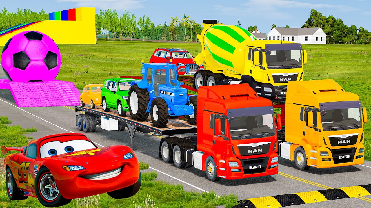 MENGANGKUT MOBIL & BUAH PIXAR DENGAN WARNA & JOHN DEERE vs CLAAS vs TRACTORS #18 - BeamNG.drive