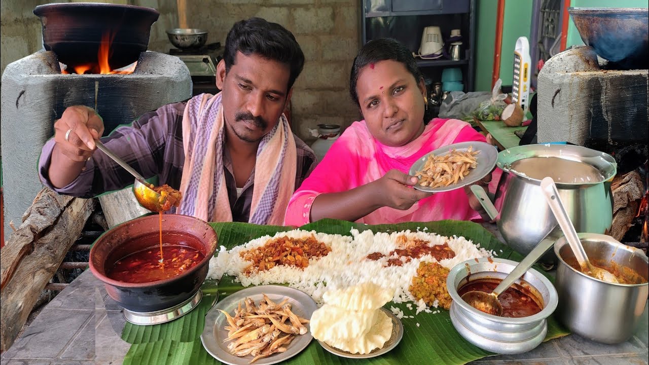 மணக்க மணக்க நெத்திலி கருவாட்டு குழம்பு | karuvattu varuval |Garlic curry & Rice Eating challenge