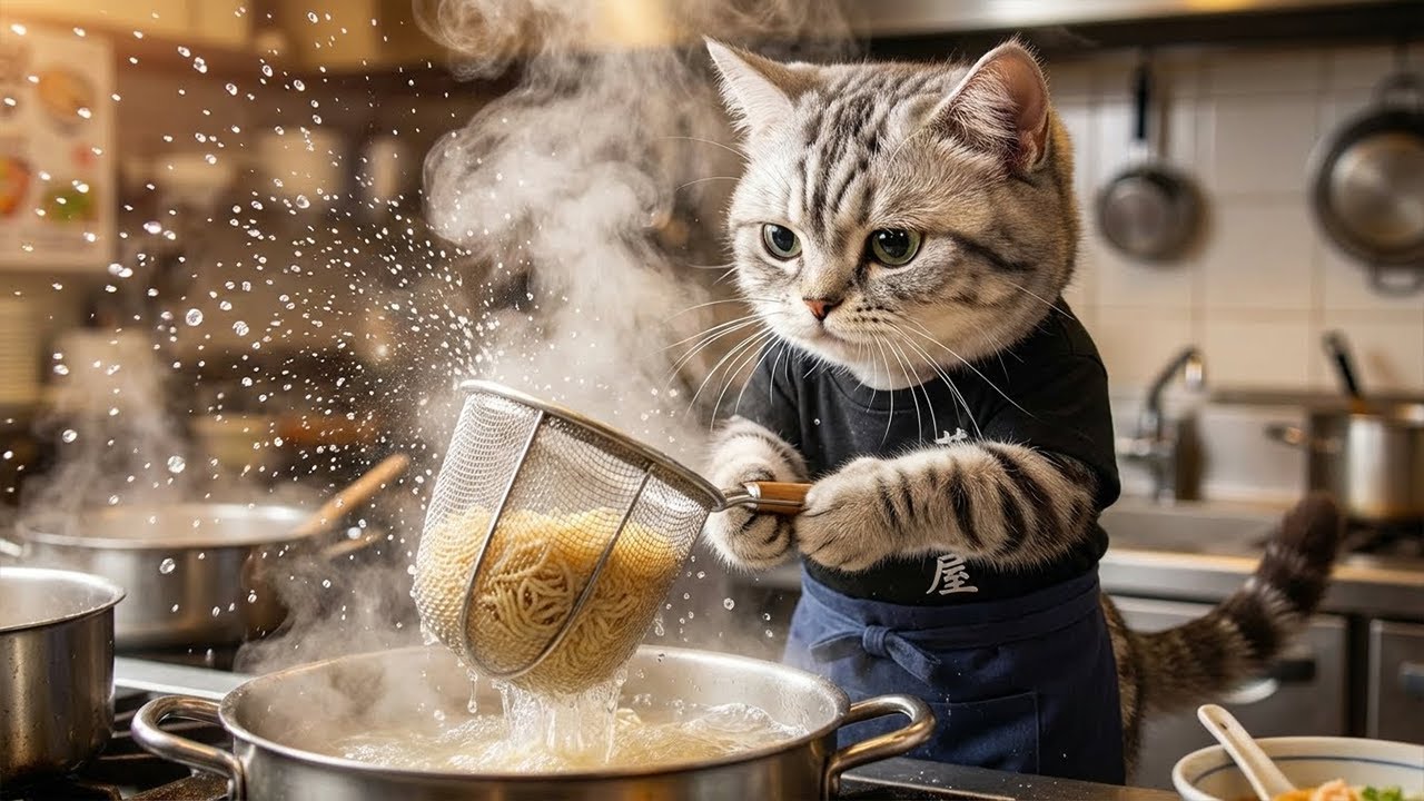 へいお待ち!!ラーメン屋で湯切りに挑戦...ねこの一日に密着🐱🍜