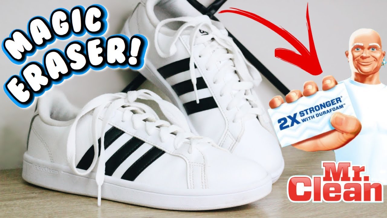 HOW TO CLEAN YOUR WHITE SHOES WITH MAGIC ERASER! | Cleaning my white Adidas