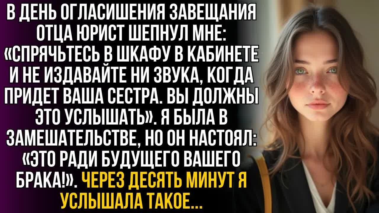 В день оглашения завещания юрист шепнул ＂Спрячьтесь в шкафу и слушайте＂ Через 10 минут я окаменела…!