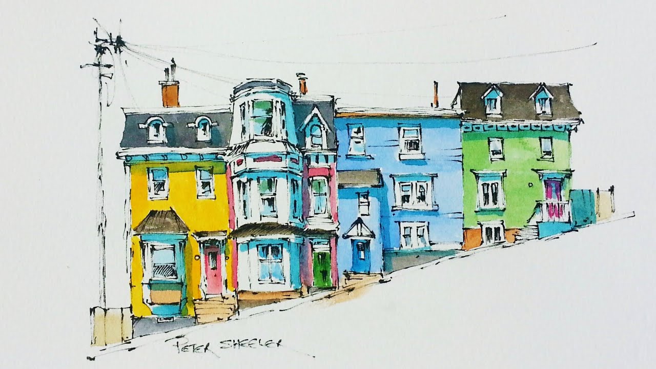 Line and Wash Watercolor Tutorial of Colorful Row Houses in St John's, Newfoundland. Peter Sheeler