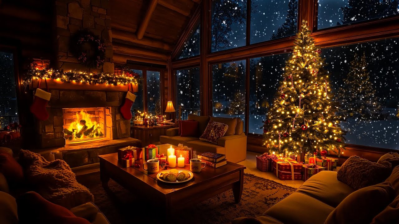Relaxing Christmas Night in Cozy Winter Cabin 🎄 Calm Piano Jazz Music & Crackling Fireplace to Sleep