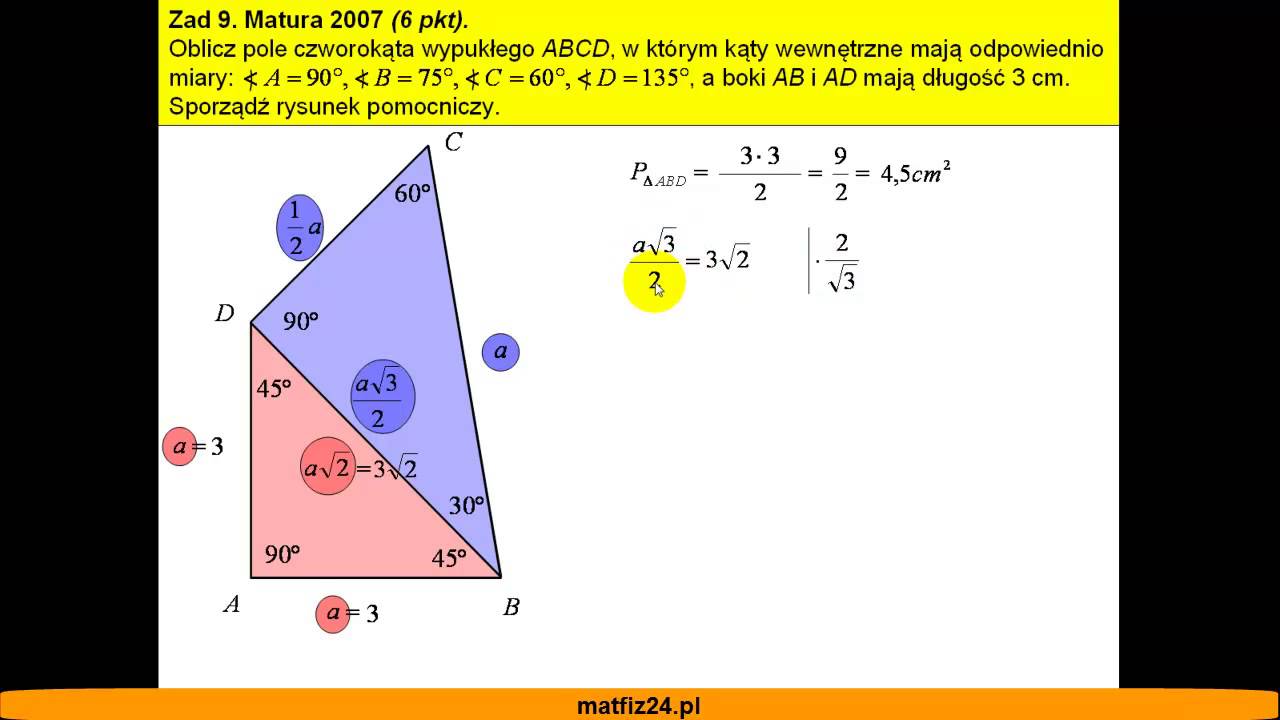 Matura z matematyki - 2007 - zad 9 - Pole czworokąta wypukłego - Matfiz24.pl