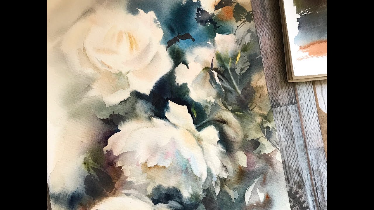 Белые розы, акварель - запись прямой трансляции / White Roses, watercolor painting live demo