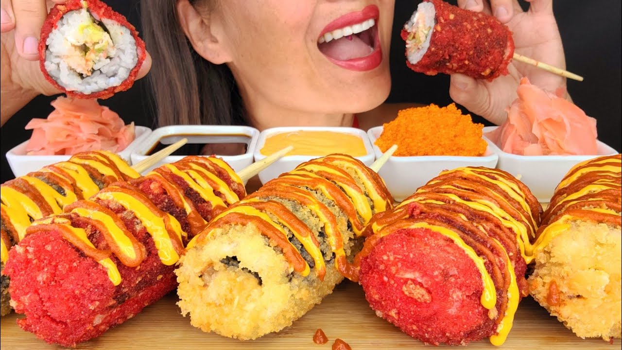 HOT CHEESY CHEETOS CRUSTED SUSHI CORNDOGS ASMR MUKBANG OMAD CRUNCHY MESSY EATING NOISES BIG BITES