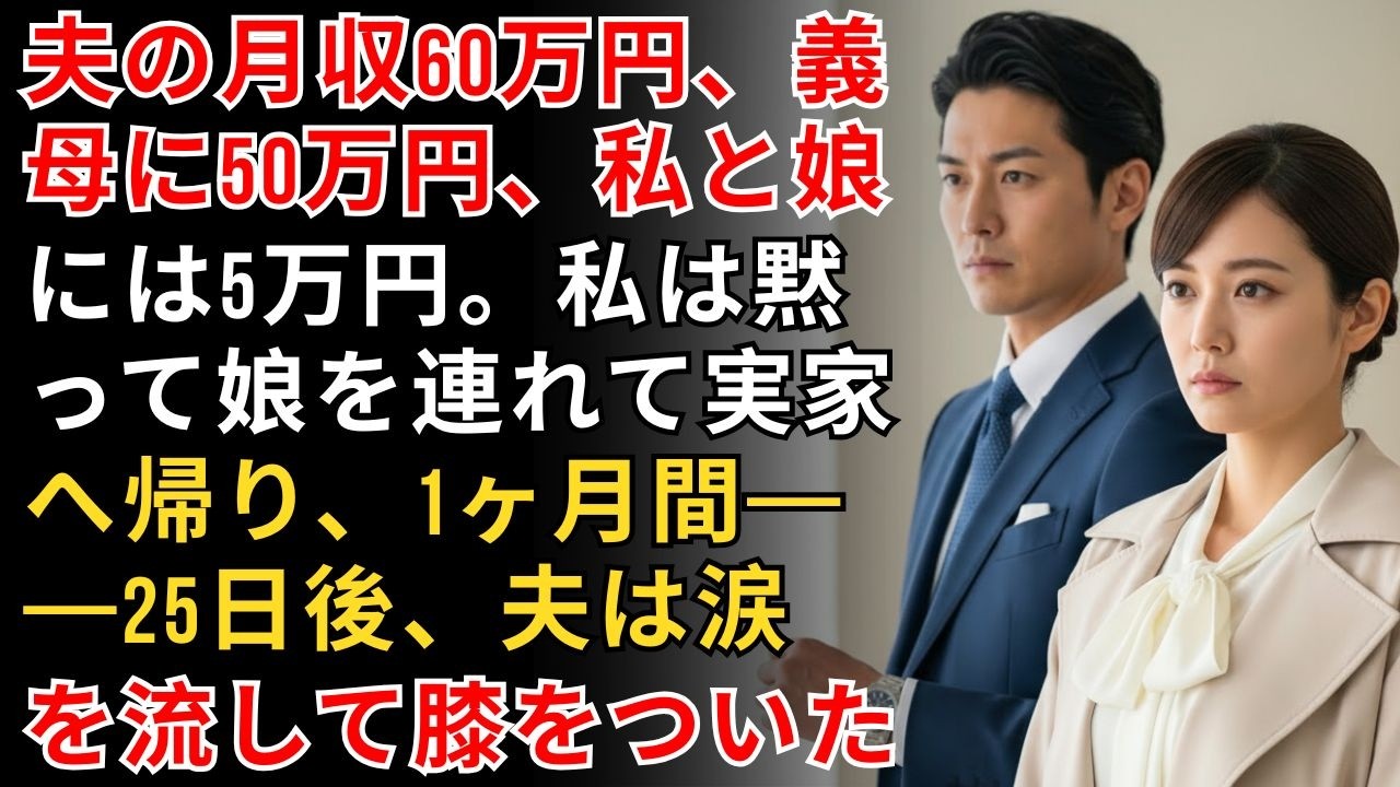 夫の月収60万円、義母に50万円、私と娘には5万円。私は黙って娘を連れて実家へ——25日後、夫は涙を流して膝をついた【家庭の修羅場】【静かな選択】