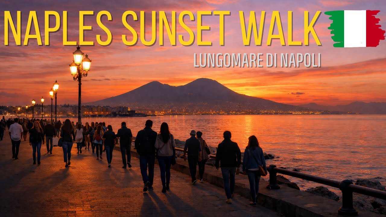 Naples Sunset Walk 🇮🇹 | Lungomare di Napoli in 8K | Piazza del Plebiscito to Piazza Vittoria