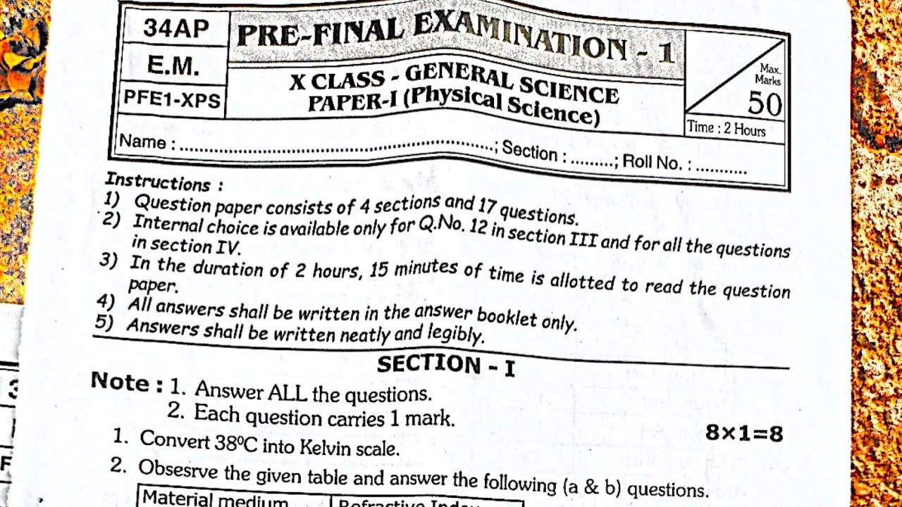 10th class Physical science Pre final exam question paper 2023-2024