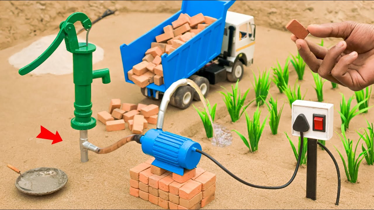 diy mini truck motor water pump bricks construction science project @AdgeCreator
