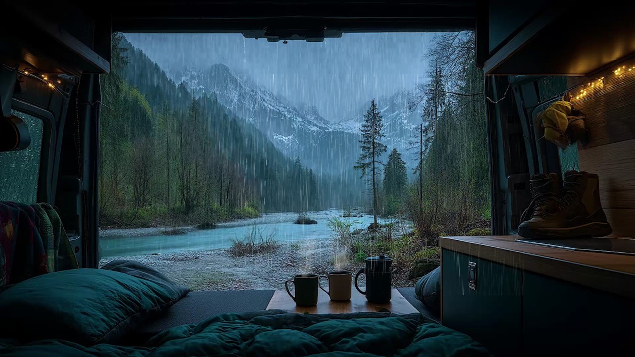 Enhance Your Sleep with Rain Inside Campervan with Mountain River 🚐  Find Tranquility with Rain