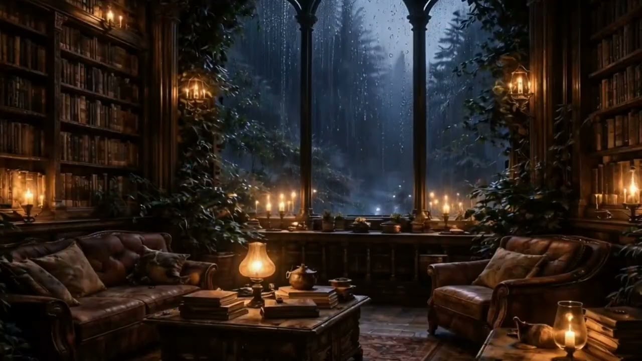 The Rainy Library Where Stress Disappears 🌧️ Old Library Night Ambience for Sleep & Study