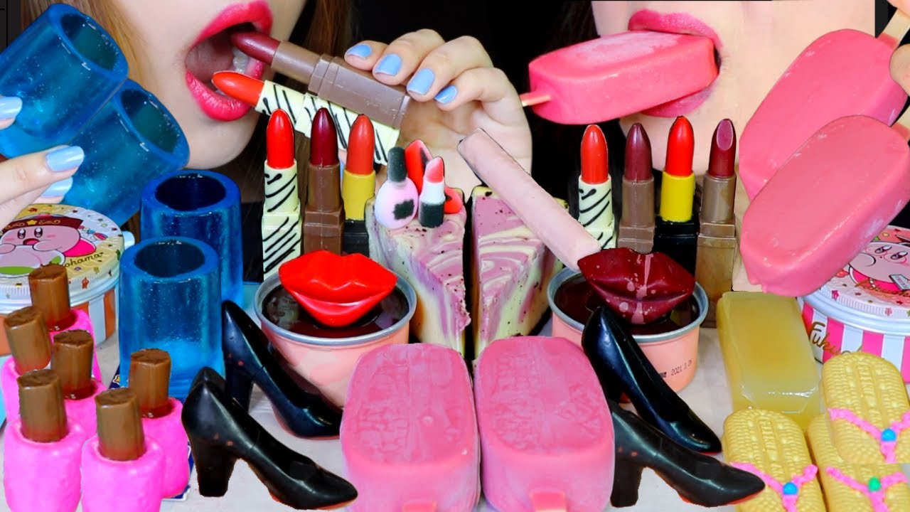 ASMR EDIBLE LIPSTICKS, RUBY CHOCOLATE ICE CREAM, JELLY SHOT GLASS, NAIL POLISH, HIGH HEEL SHOES 먹방