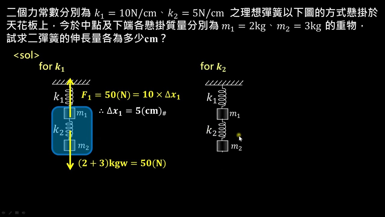 物體的運動【例題】彈簧串聯鉛直懸掛重物時之伸長量（高一物理）