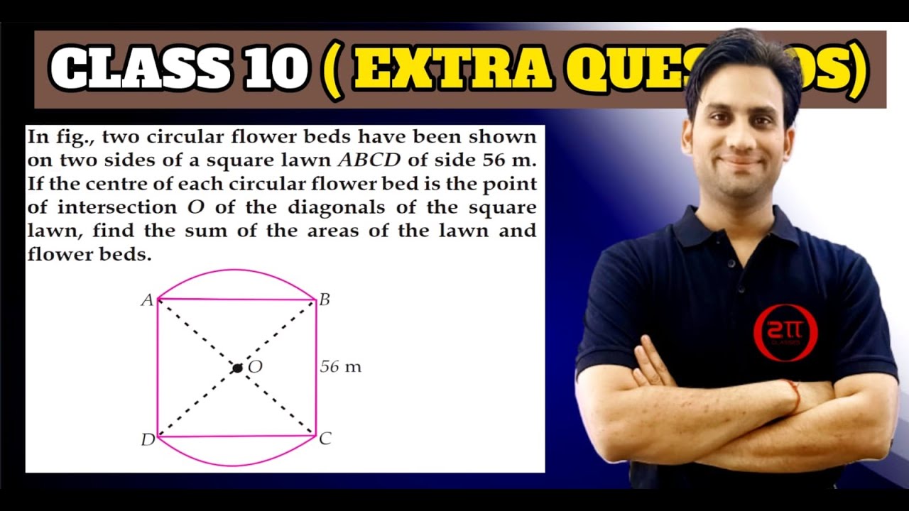 In figure, two circular flower beds have been shown on two sides of a square lawn ABCD of side 56 m
