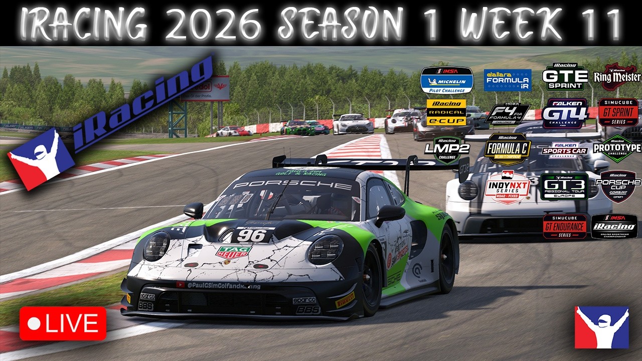 iRacing 2026 Season 1 Week 11 | GT3 Sprint Nürburgring GP, Porsche Cup Hockenheim, IMSA Monza
