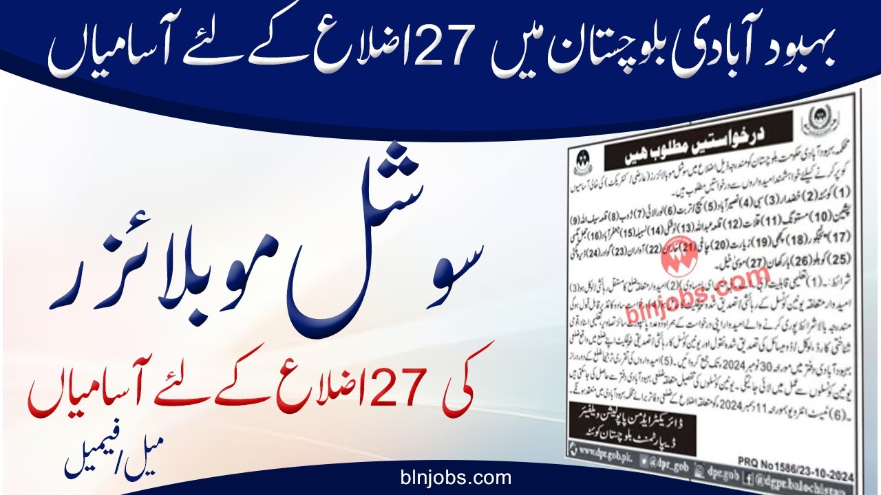 Population Welfare Department Balochistan Jobs 2024 for Social Mobilizer