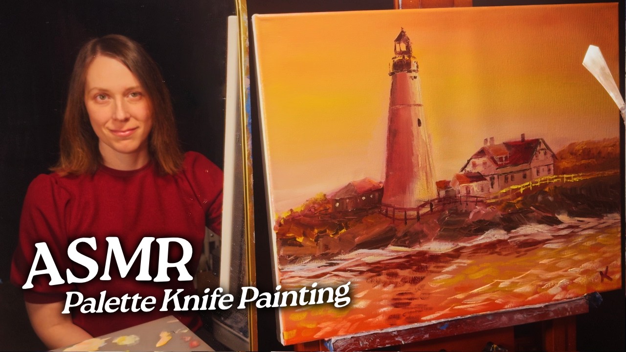 ASMR Palette Knife Painting: Lighthouse at Dawn (Soft Spoken, 2 Hours)