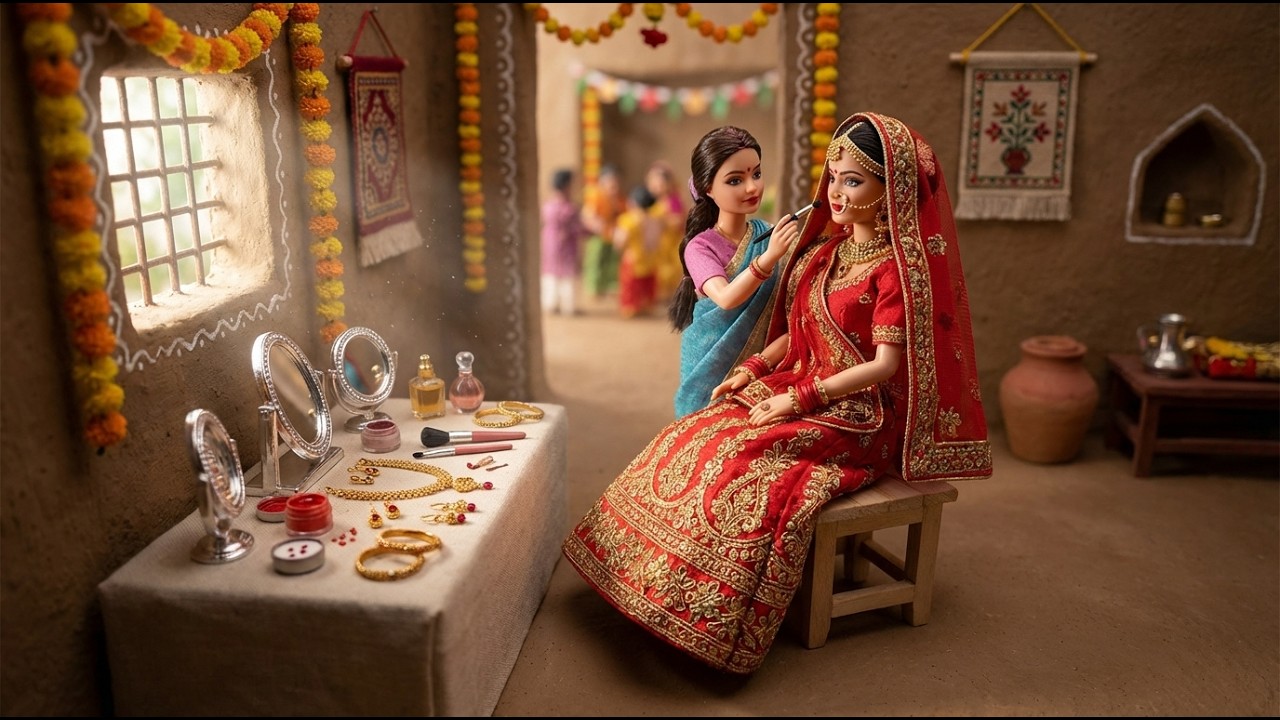 👑💖 Indian Miniature Bride Doll Makeup & Wedding Day Transformation in Village