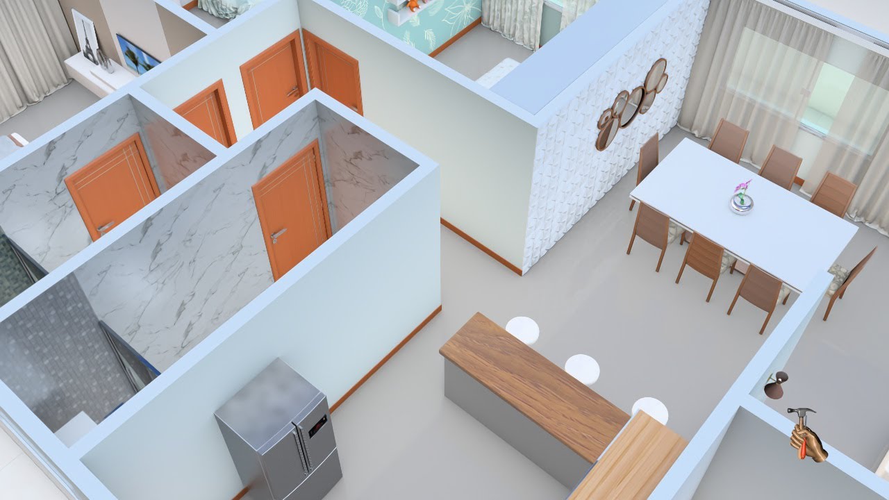 Planta de Casa 3D com Três Quartos e Cozinha Americana
