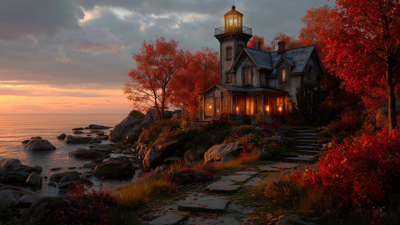 Autumn Lighthouse Ambience | Gentle Waves, Coastal Wind & Evening Crickets | Cozy Seaside Relaxation