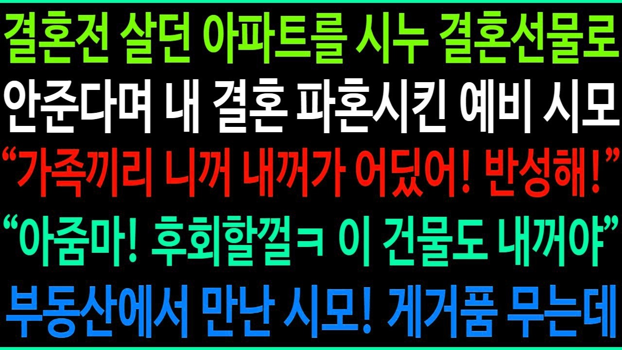 결혼전 살던 내 아파트를 시누에게 안준다며 결혼 파혼시킨 예비시모  아줌마! 후회할걸  이 건물도 내꺼야ㅋ  우연히 부동산에서 만난 시모! 게거품 무는데ㅋ