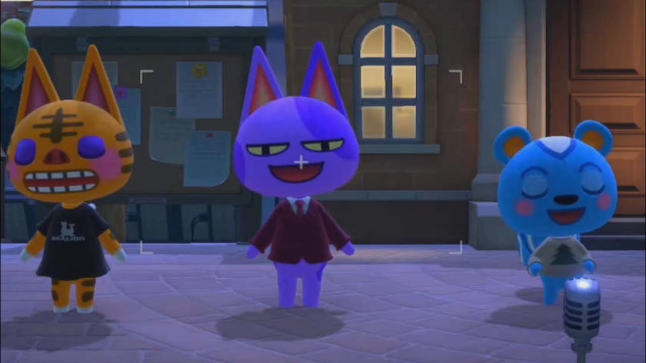 Tabby, static, bob and other villagers singing go K.K. rider in animal crossing new horizons