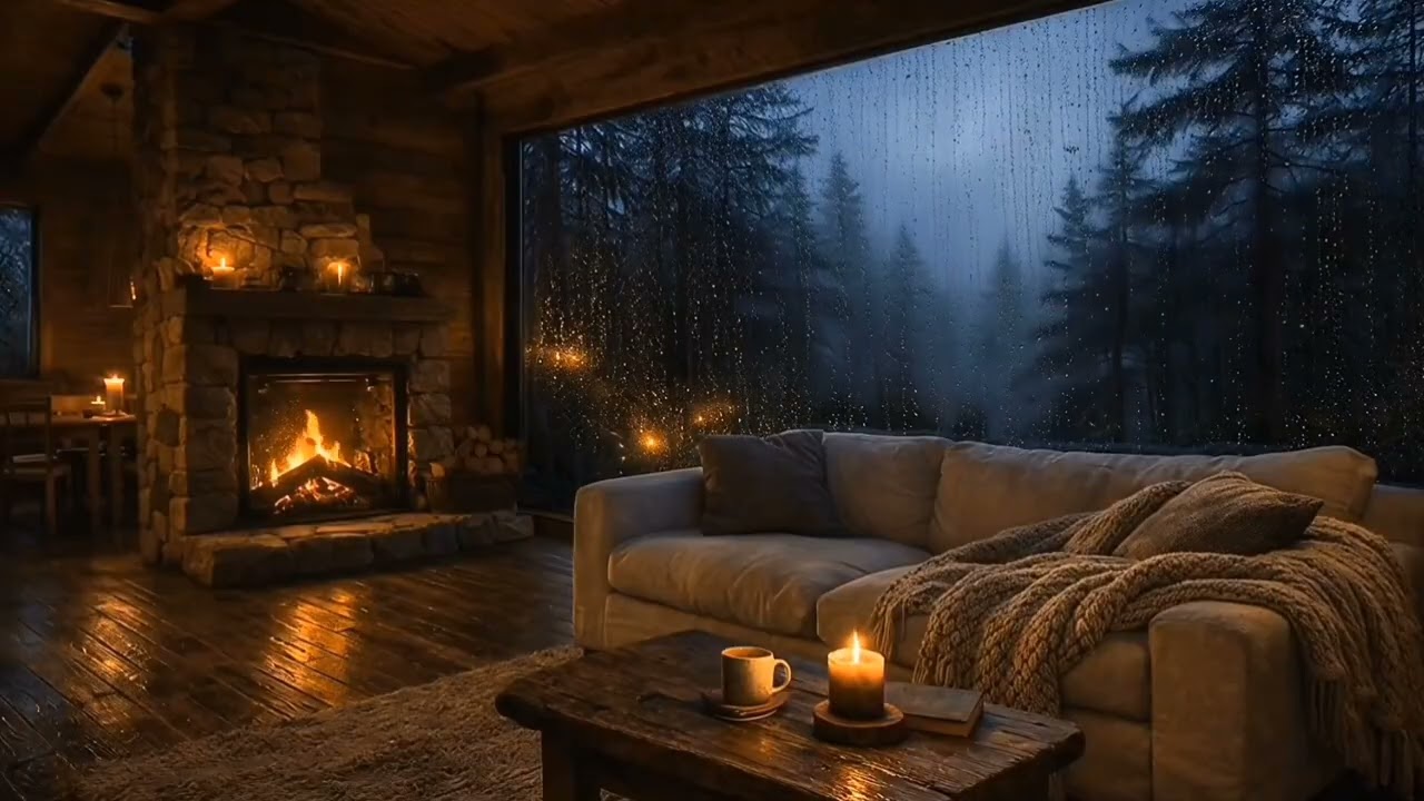 Fireplace & Rain on Window – 5 Hours Calm Background Sounds