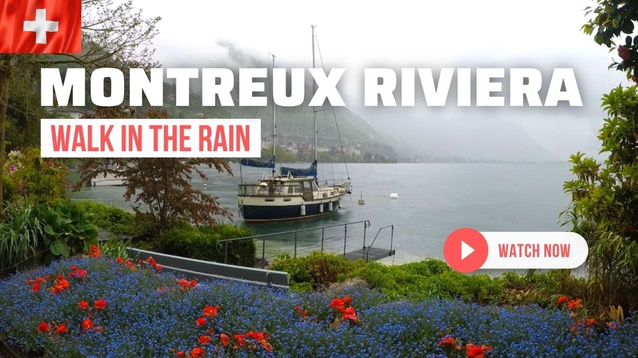 Montreux Riviera walking in the rain -the most beautiful landscape of Swiss Riviera, Switzerland