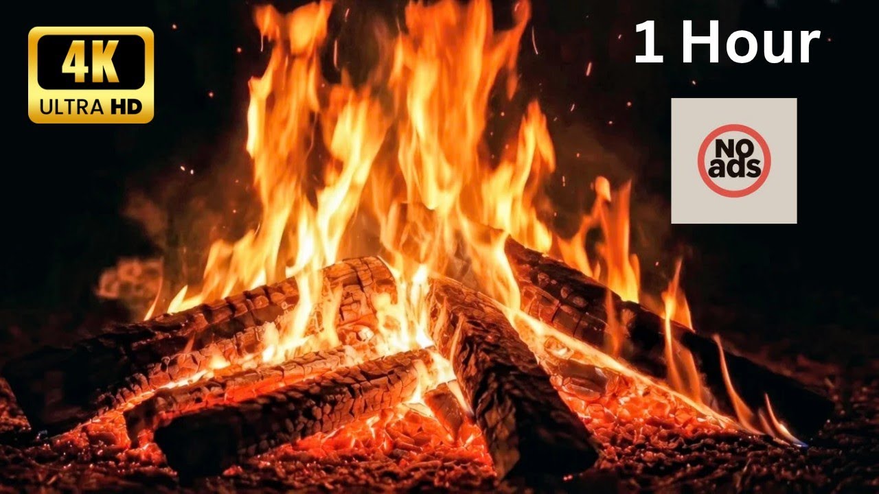 Cozy Fireplace 4K ultra HD (1 hour) NO Ads. Fire crackling sound. Cozy Campfire