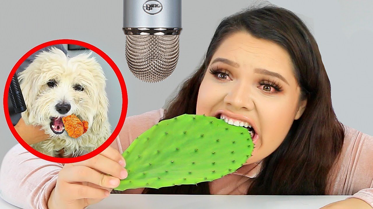 I Tried ASMR again..Eating Raw Cactus, Slime, Fried Chicken (Sticky Crunchy Sounds)