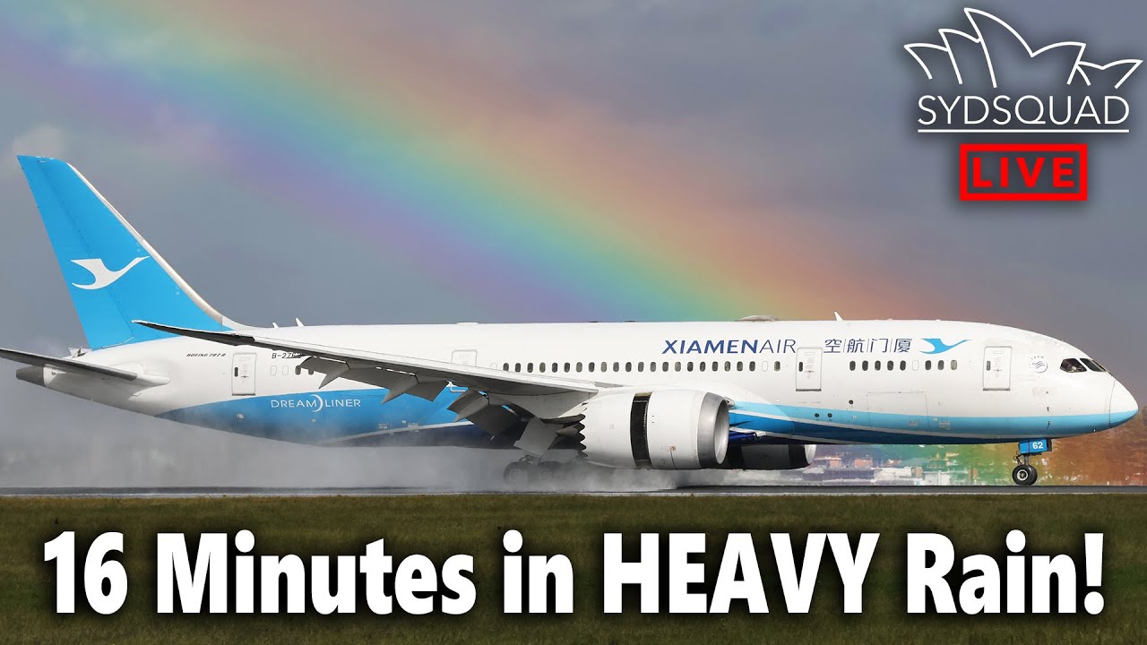 [4K] 16mins HEAVY RAIN + Wind Plane Spotting @ Sydney Airport! EPIC Sounds with SydSquad!