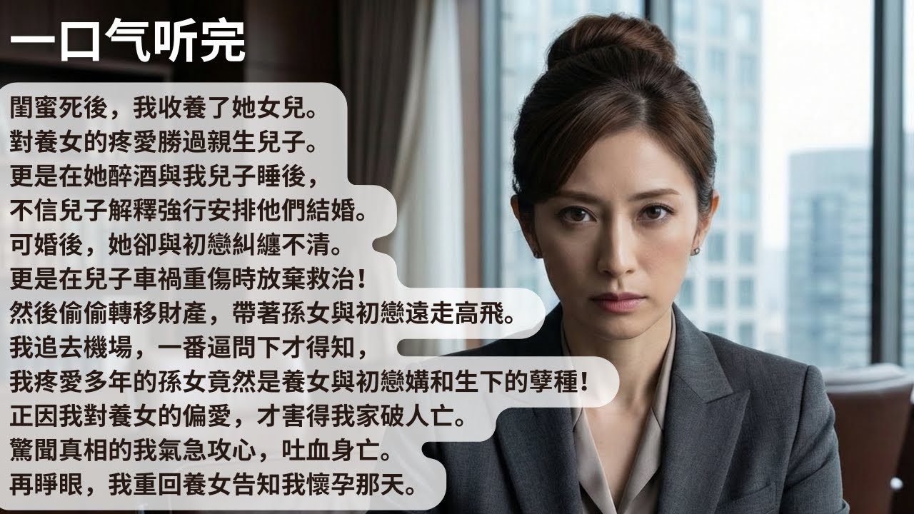 【完結】閨蜜死後，我收養了她女兒。對養女的疼愛勝過親生兒子。更是在她醉酒與我兒子睡後，不信兒子解釋強行安排他們結婚。可婚後，她卻與初戀糾纏不清。【30分鐘聽完全文】#一口氣看完 #完結 #小說