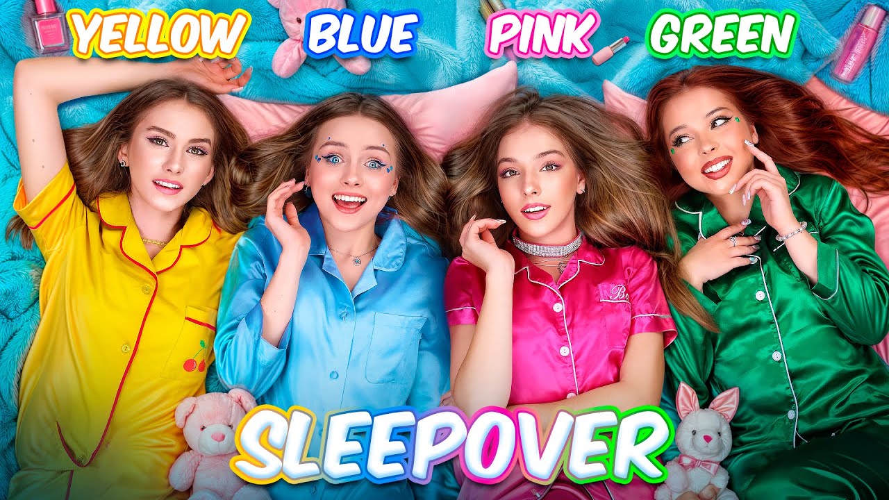 One Color Challenge Sleepover! Pink vs Blue vs Yellow vs Green Bestie