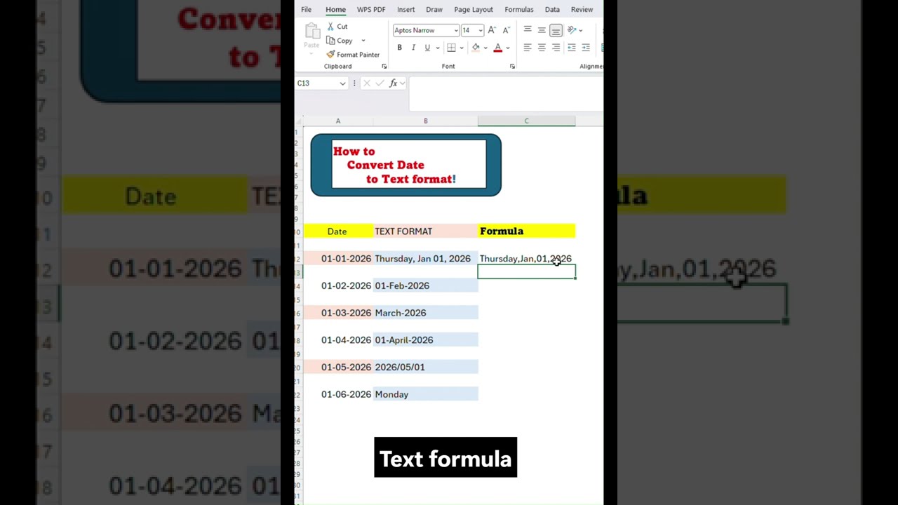How to convert date into text format in Excel