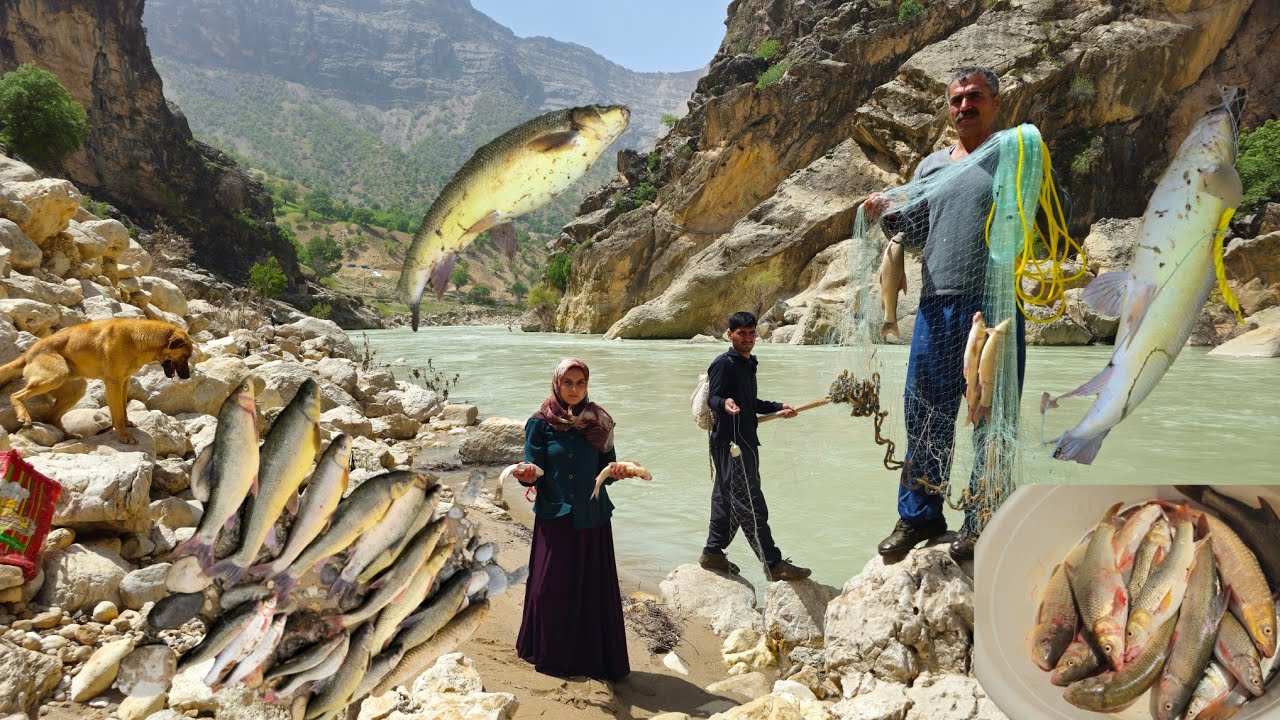 🐟IRAN nomadic life: 🌊🎣Exciting fishing in the wild mountain river with a nomadic family 👨&zwj;👩&zwj;👧&zwj;👦