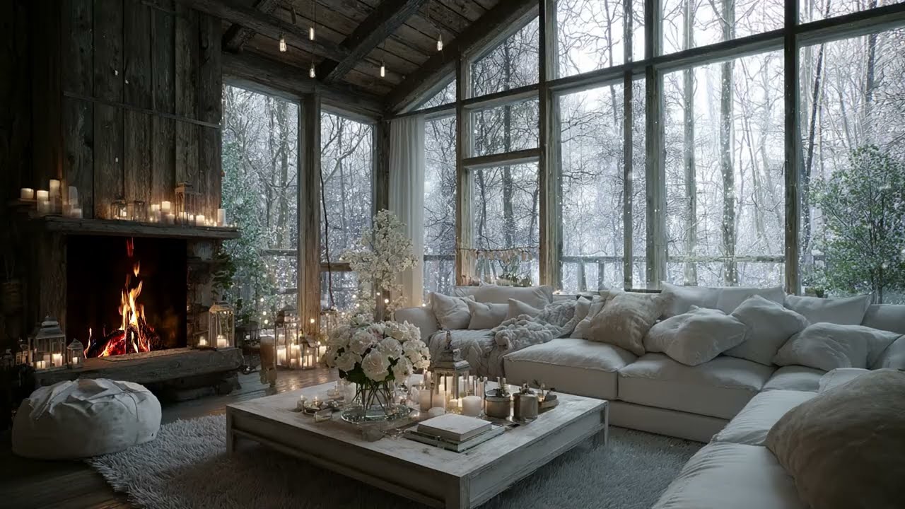 Cozy Hours by the Cabin Fireplace: Peaceful Piano Music with Snowy Ambience for Sleeping